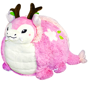 orb shaped fat dragon plushy. the dragon is pink and white, with sakura petal patterns in her fur. she has brown antlers with green leaves off to the sides, like apple stems and leaves. she has a colon three face