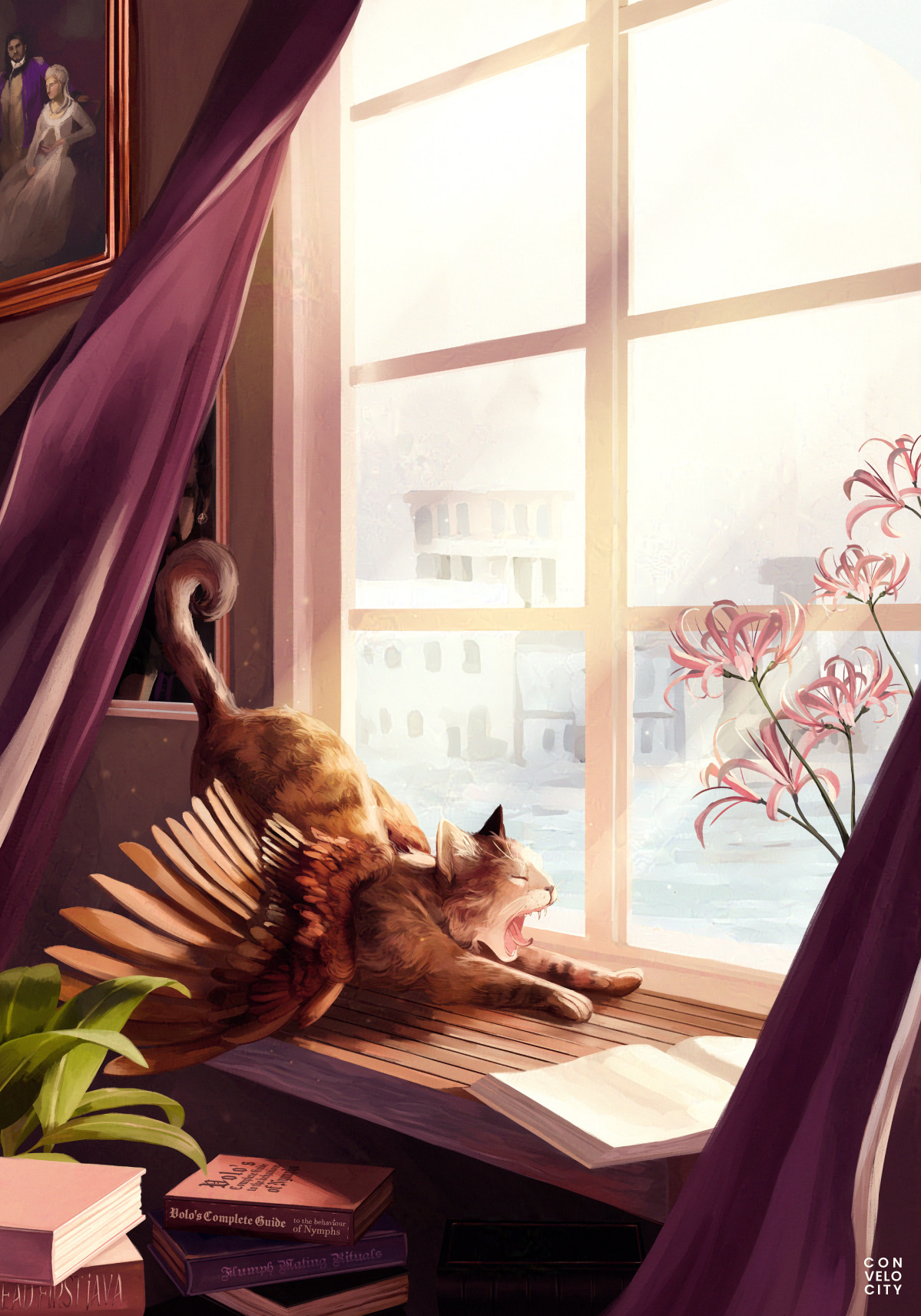 Digital painting. The interior of a room filled with books stacking up on the floor. A winged cat is yawning sitting on the window sill. Family portraits can be seen on the wall behind.