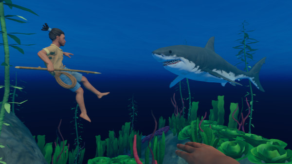 Personnage dans l'oc&eacute;an poursuivi par un requin