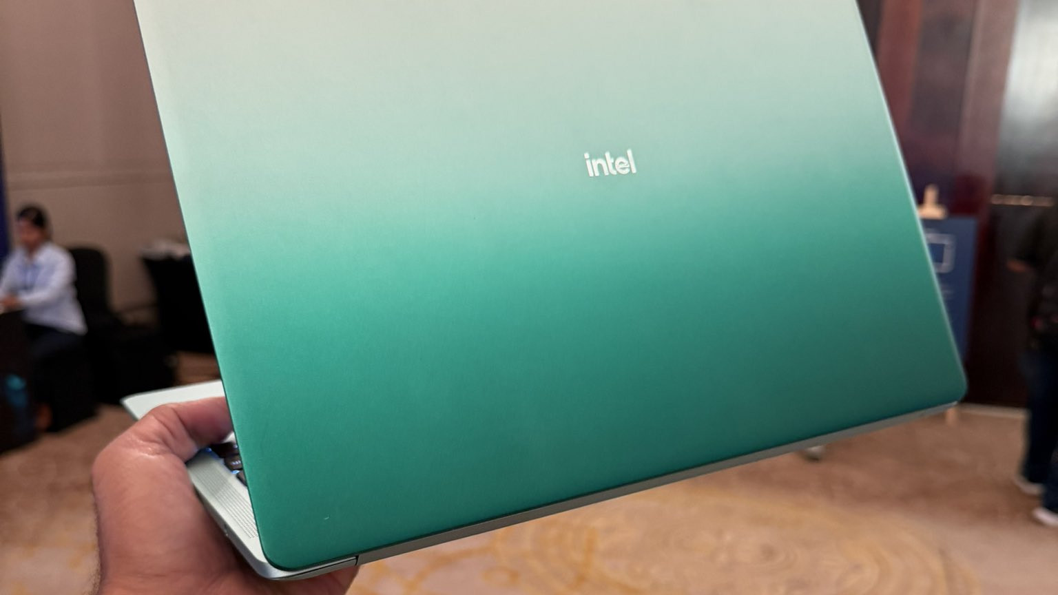 Intel Wildcat Lake laptop showing lid in green color