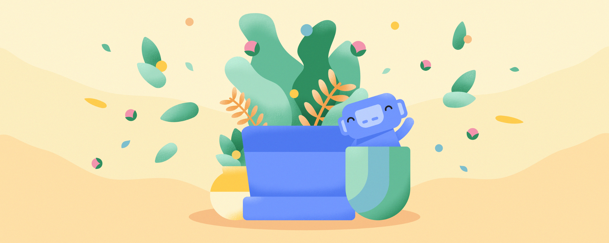 Wumpus in a planter cup, next to a giant green houseplant. The fauna is brimming with life, almost bursting out of the pot it’s in.