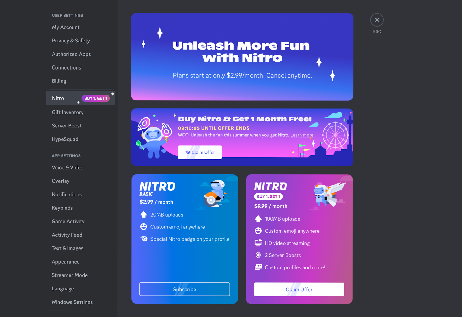 An in-app preview of the Nitro BOGO Promo. On the Nitro tab in User Settings is a message that reads: "Buy Nitro & Get 1 Month Free!"