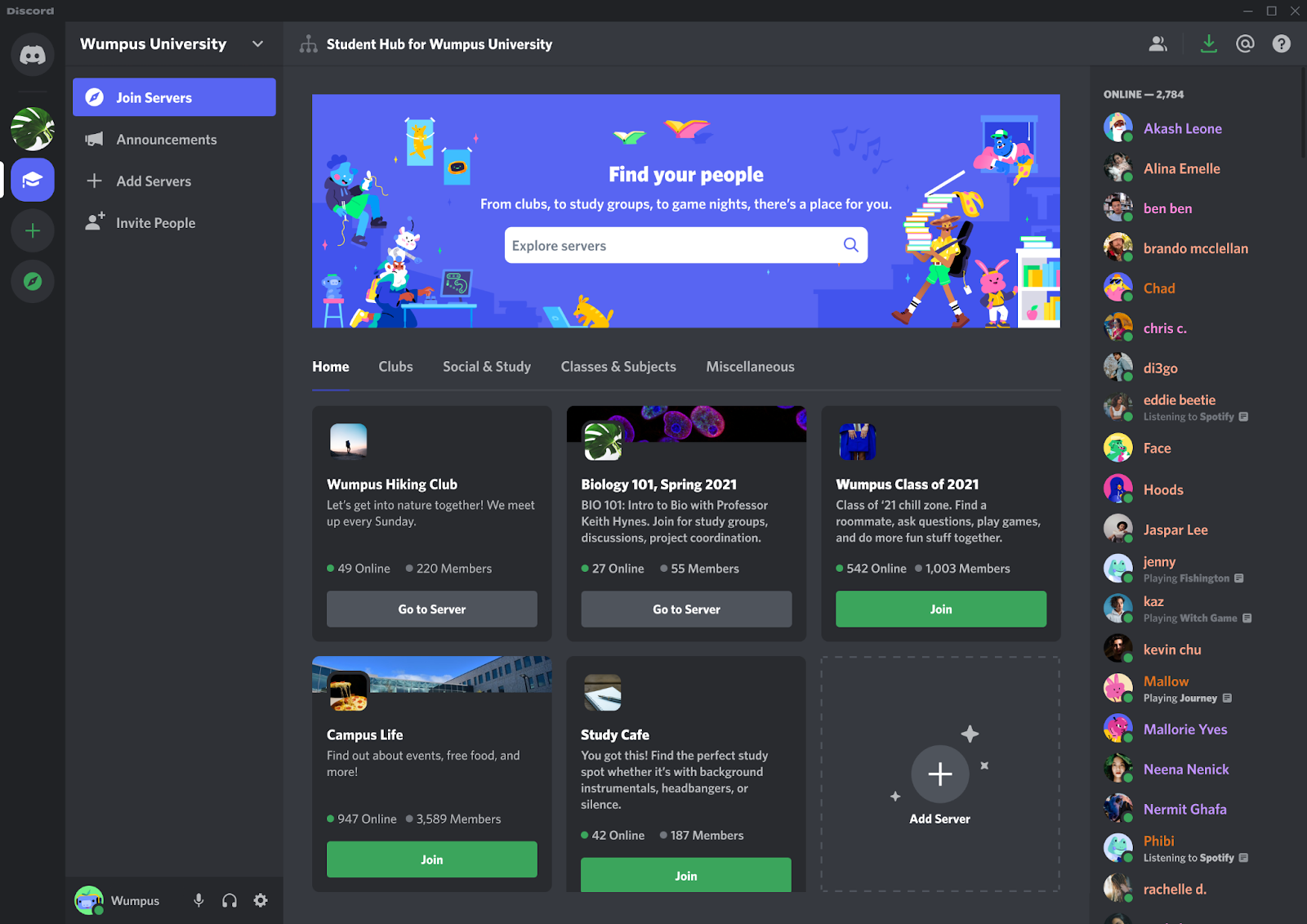 A screenshot of an example Student Hub for “Wumpus University.” Displayed are a variety of joinable Discord servers run by students attending Wumpus University. A few of the server names include “Wumpus Hiking Club,” “Biology 101” and “Study Cafe.”