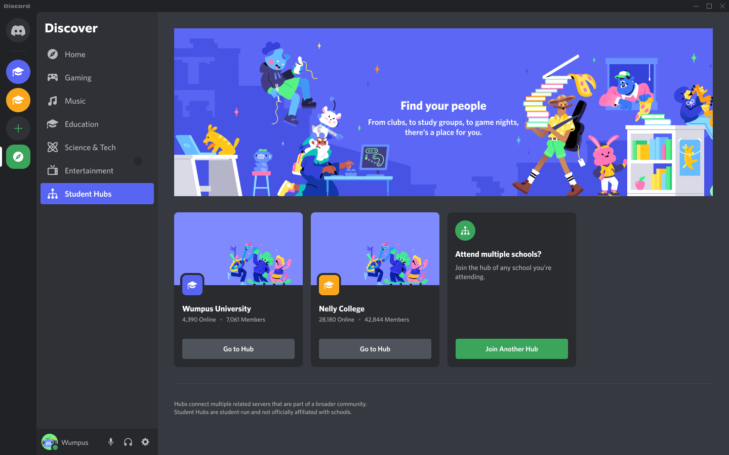 The Student Hubs section within Server Discovery on Discord. Inside the Student Hubs section are two hubs: Wumpus University and Nelly College.