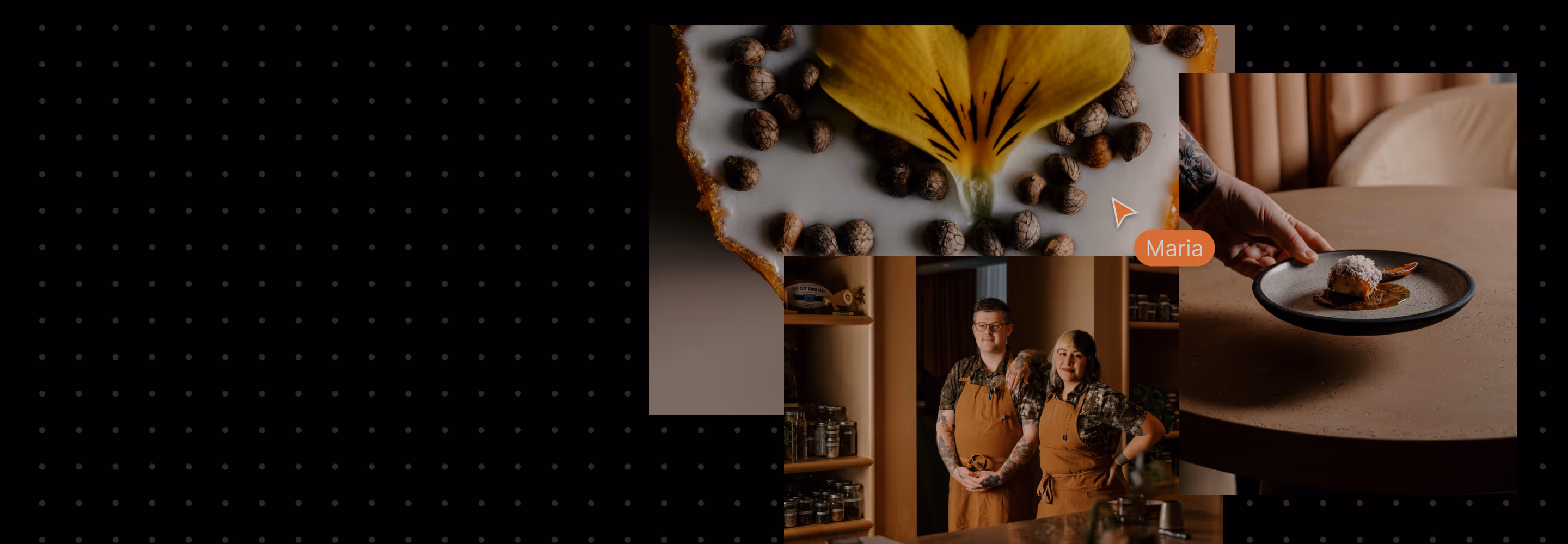 Mood board collage for photoshoot planning showing chefs in brown aprons standing in a kitchen, a close-up of a plated dessert with a yellow flower and seeds, and a hand serving a dessert on a plate.