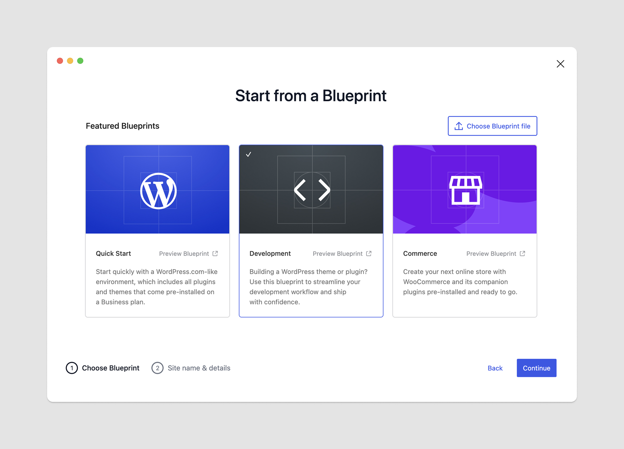 The new "Start from a blueprint" screen in WordPress Studio showcases the Featured Blueprints as well as the option to upload your own.