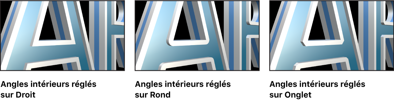 Texte 3D dans le canevas avec les Coins intérieurs réglés sur Droit, Rond et Angle