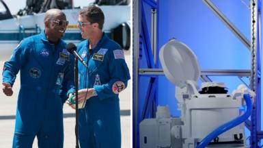 Left, two of the Artemis astronauts joke at a presser. Right, the space toilet stands; it's cylindrical with tubes and pots.
