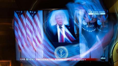 US President Donald Trump makes a national address on television at Brooklyn Diner Times Square on April 1, 2026