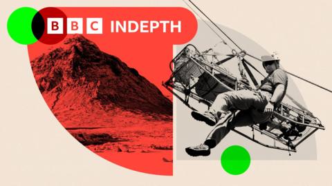 A montage image showing a person from the Langdale Ambleside Mountain Rescue Team bringing a stretcher down and an image from Scotland, Argyll and Bute, Glencoe, Buachaille Etive Mor, frozen mountainous region