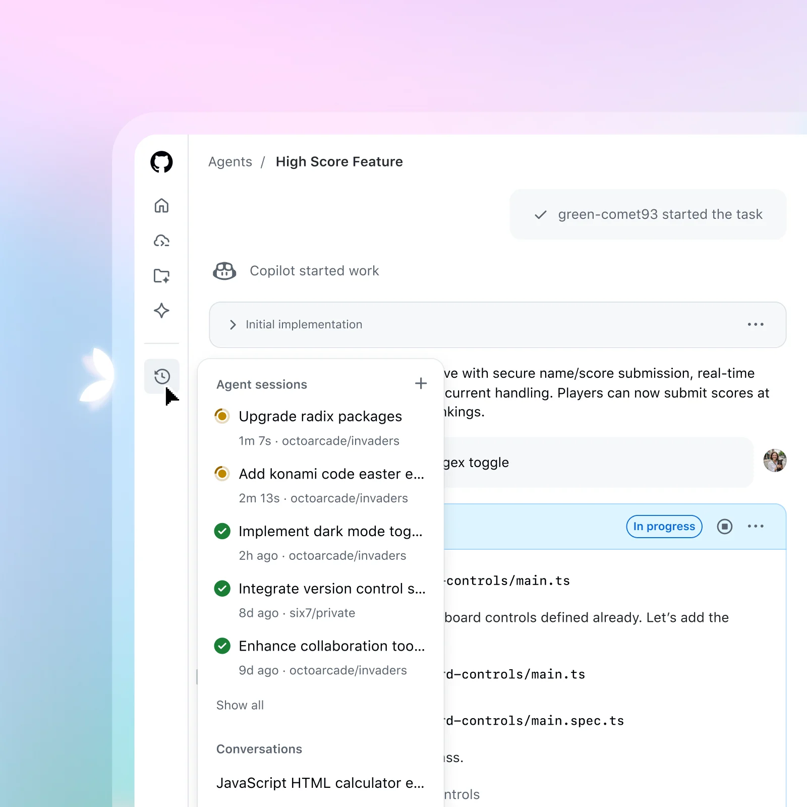 Product UI image within a GitHub mission control view showing several agent sessions in progress.