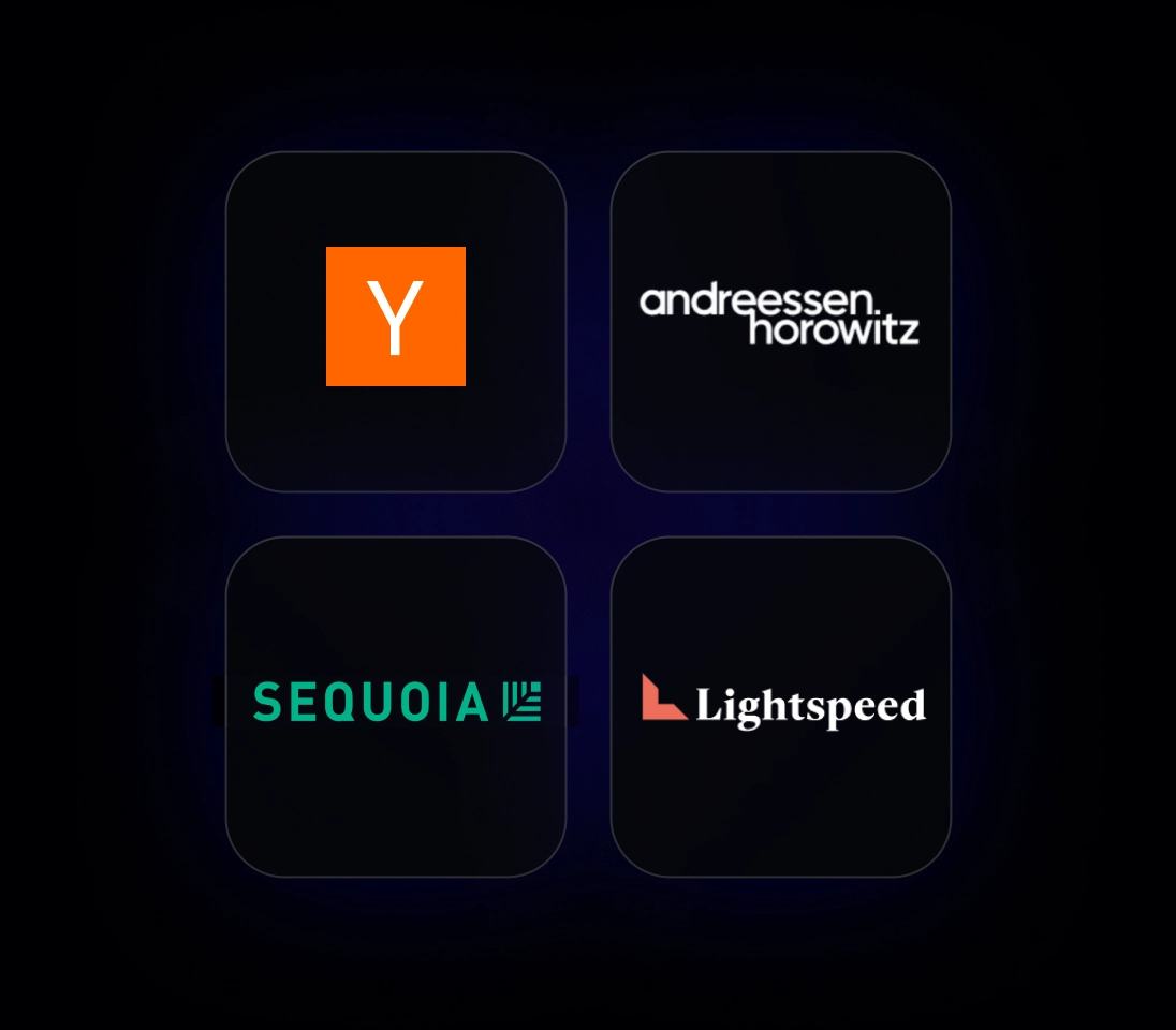 Logos for Y Combinator, Lightspeed Venture Partners, Andreessen Horowitz, and Sequoia Capital