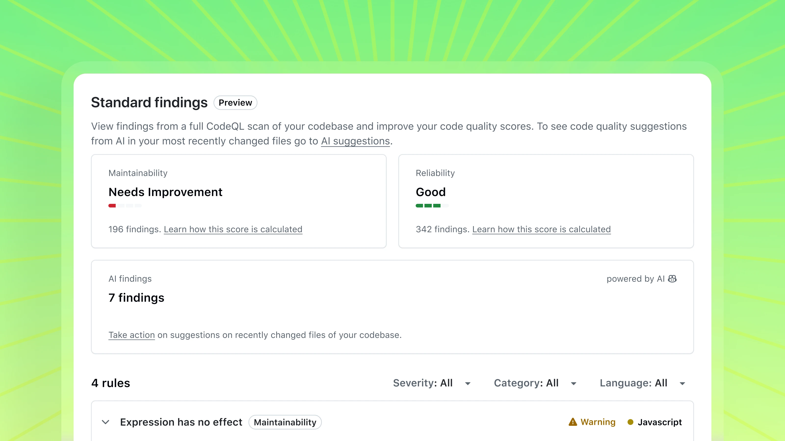 Product UI within GitHub showing Standard findings of a full CodeQL scan and AI findings along with code quality scores across maintainability and reliability.