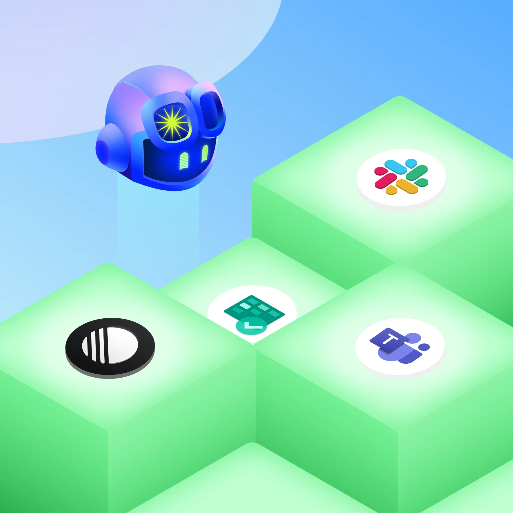 Product icon logos of Slack, Microsoft Teams, Linear, and GitHub Copilot across a multi-colored cubic background.