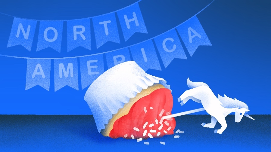 Illustration of toppled cupcake with unicorn topper - N. America.