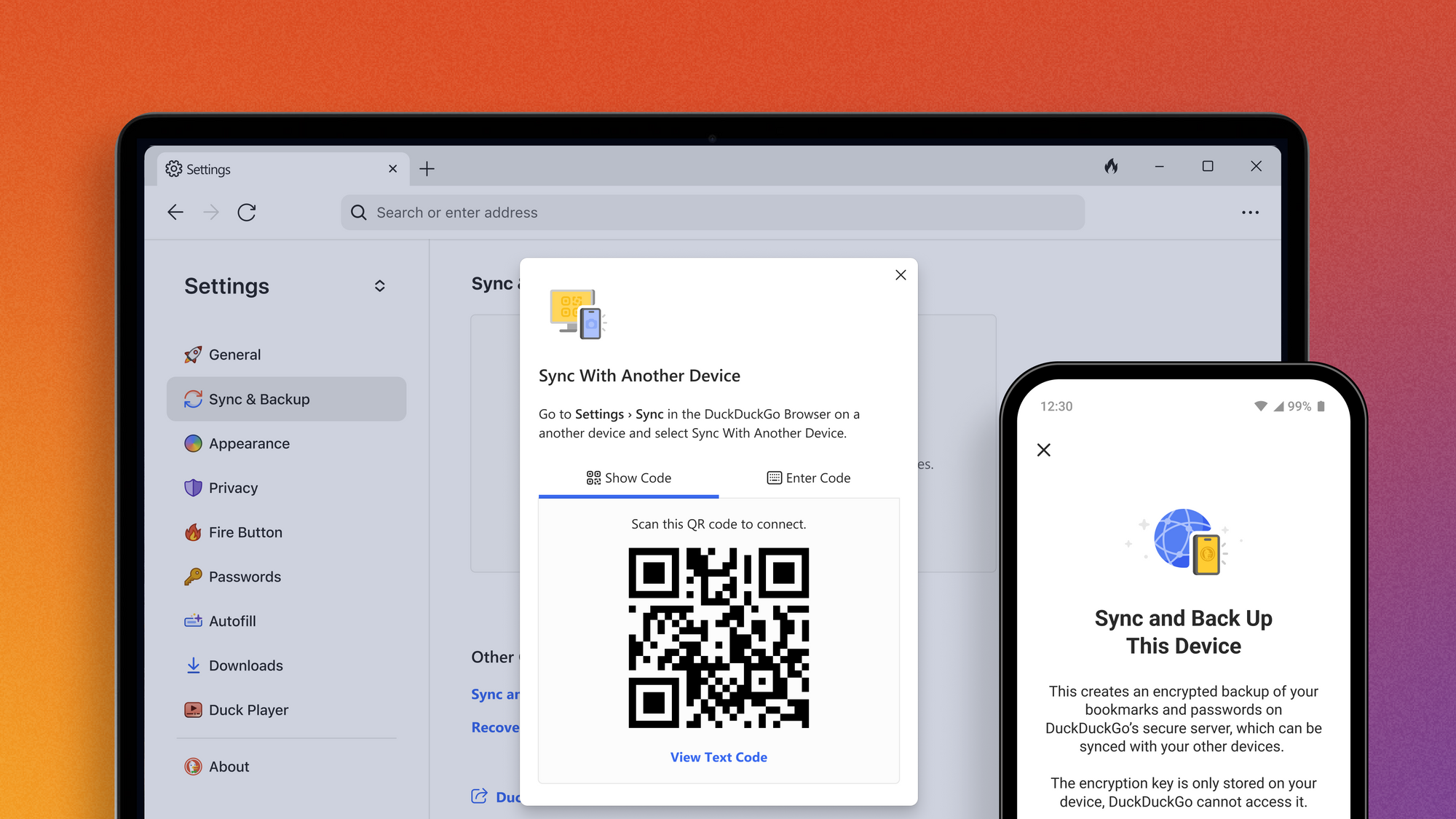 Laptop and phone showing a Sync & Backup QR code