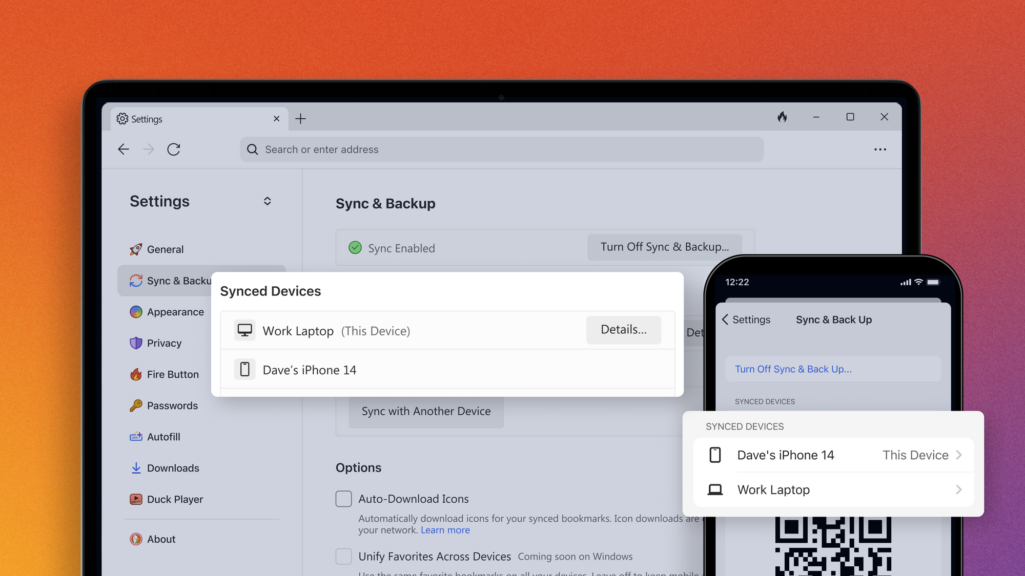 Laptop and phone showing list of synced devices in browser settings
