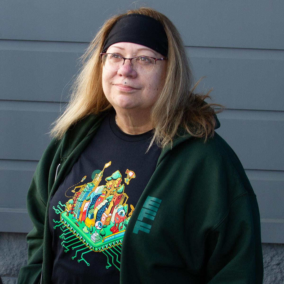 Guardian Combo: Motherboard Sweatshirt, EFF35 Cityscape T-Shirt, and Metal Member Card