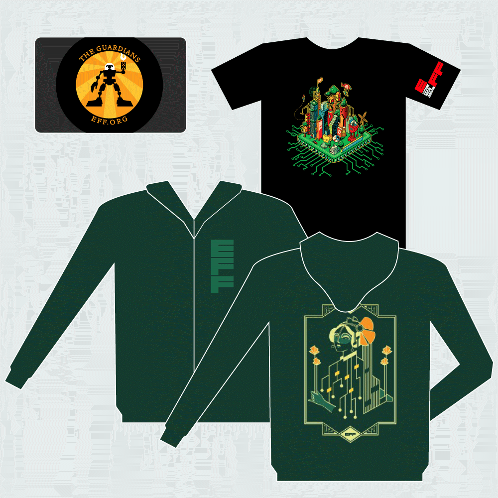 Guardian Combo: Motherboard Sweatshirt, EFF35 Cityscape T-Shirt, and Metal Member Card