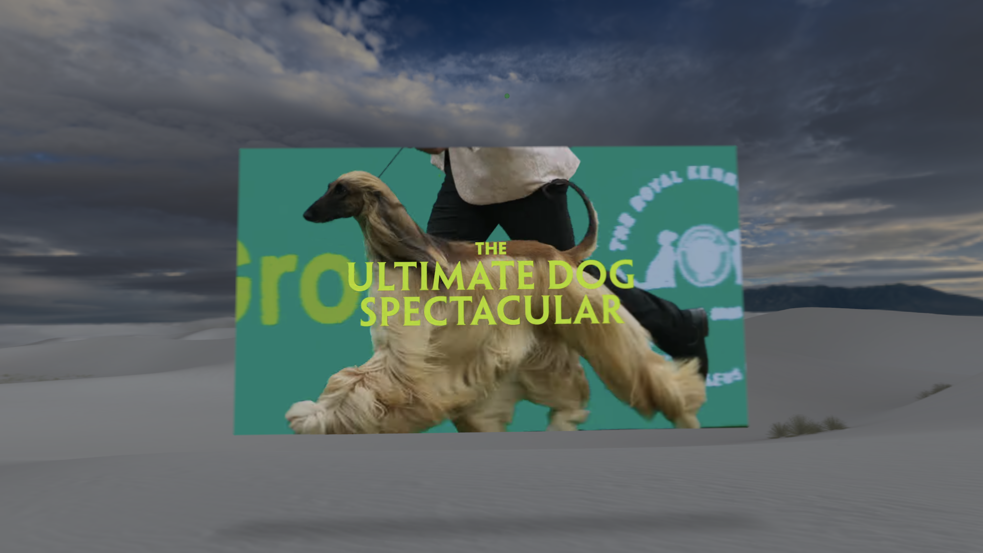 A floating rectangular image of a dog running at a dog show, covered by the site "The Ultimate Spectacular". This rectangle is floating in a world covered by sandy hills, with mountains in the background, and a big cloudy sky above. This is a 3D environment in visionOS. The image is a video that's full brightness, while the environment around it is not as bright as normal. It's dimmed.