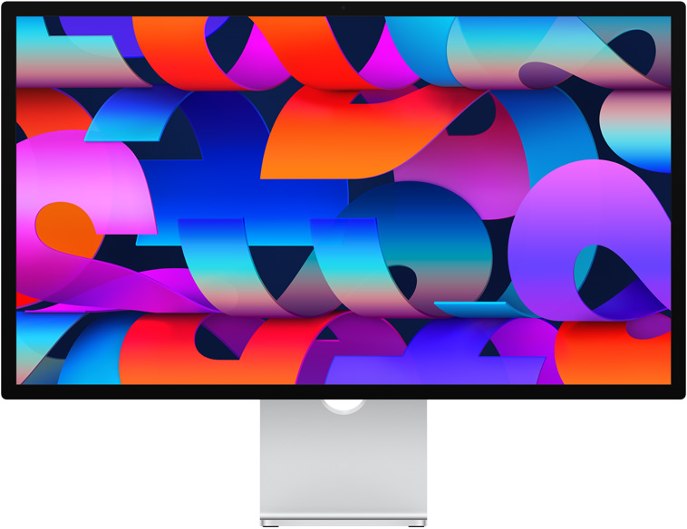 Μπροστινή όψη της οθόνης Studio Display με πολύχρωμη ταπετσαρία σαν κορδέλα