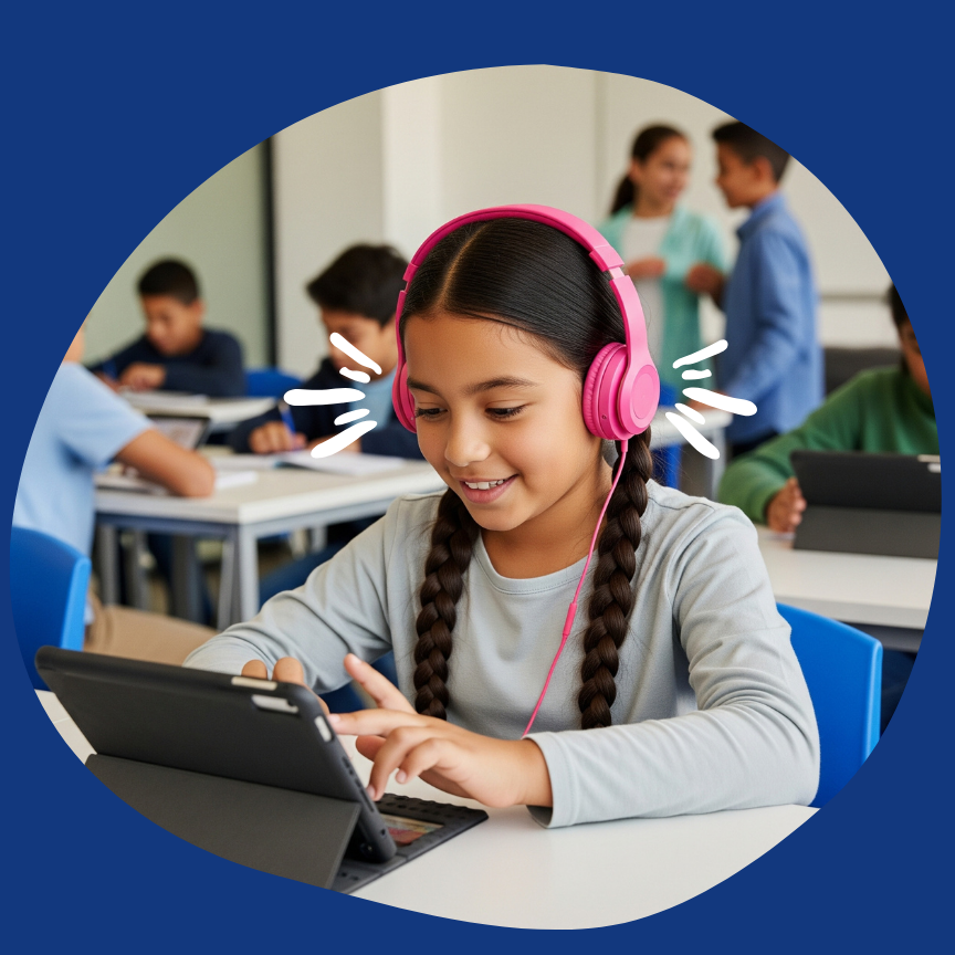 girl with headphones studying on tablet inside of a classroom.