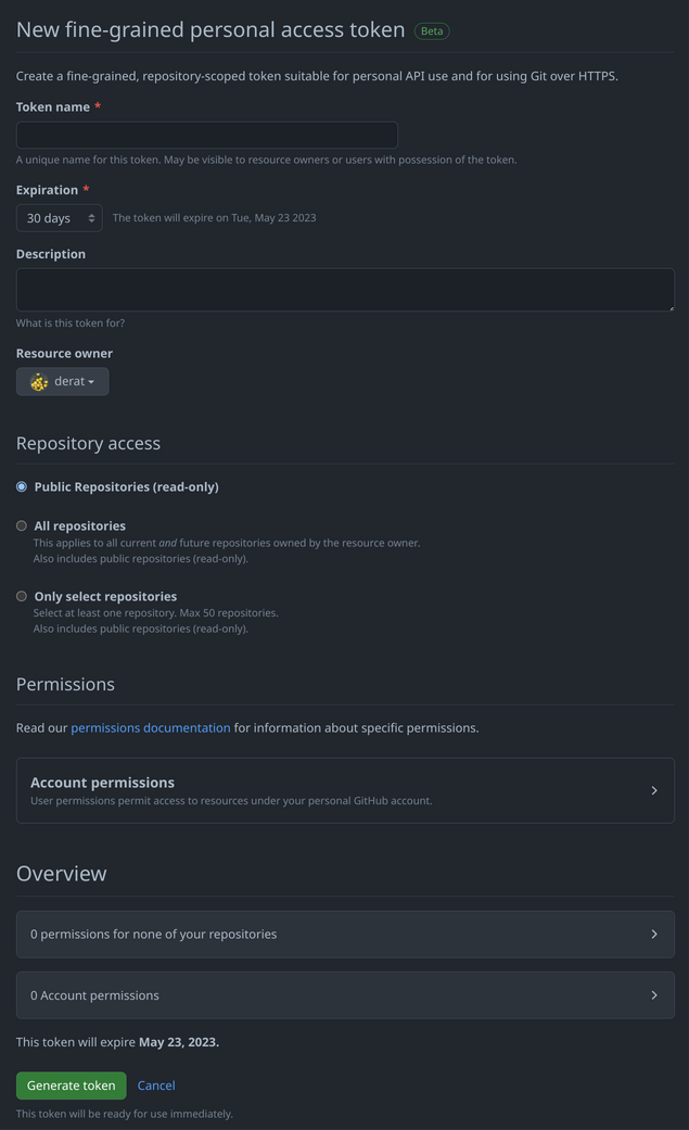 GitHub “New fine-grained access token” form
