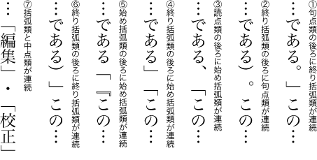 始め括弧類,終わり括弧類,読点類,句点類及び中点類が連続する場合の不適切な配置例