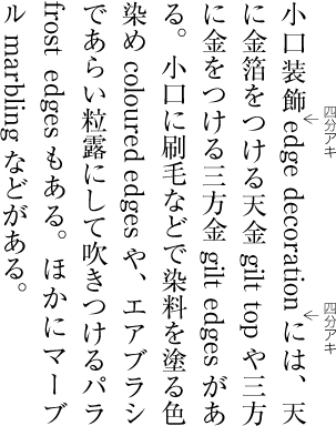 平仮名,片仮名又は漢字等と欧字・アラビア数字の字間を四分アキとした例